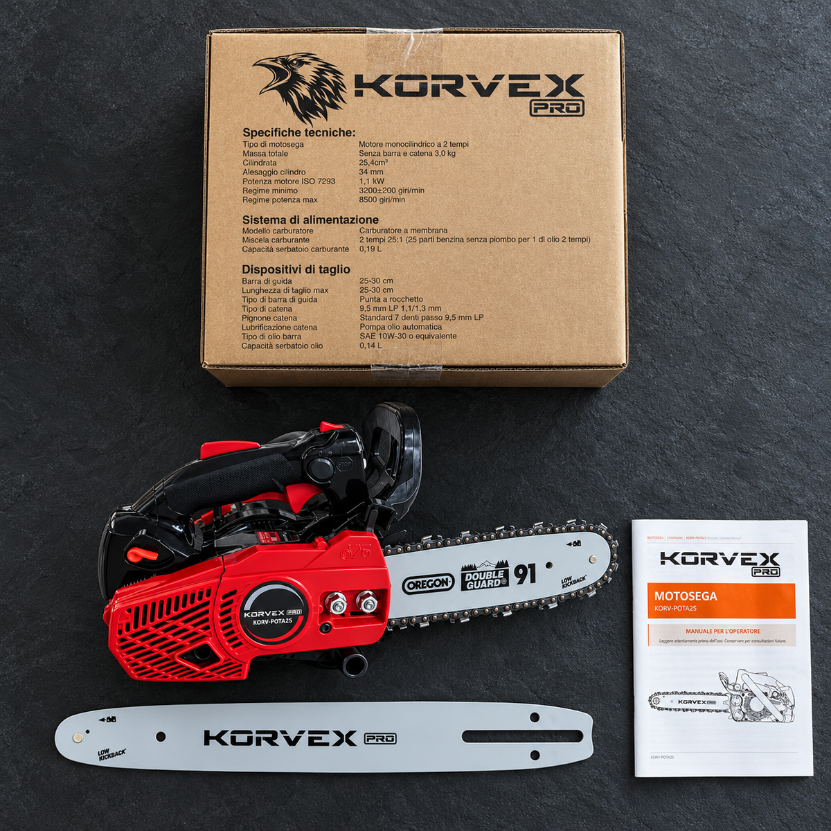 Motosega da Potatura Korvex Pro 25,4 cc – Barra Oregon 25 cm + Seconda Barra in Regalo