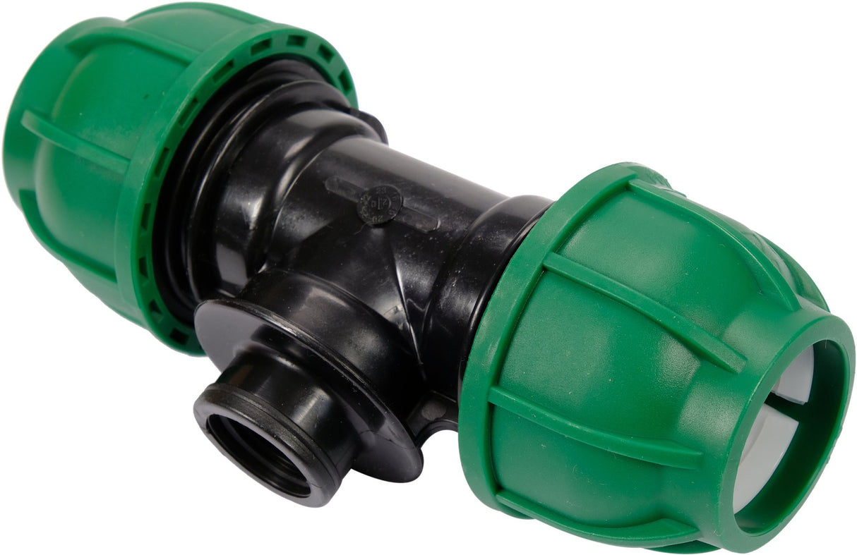 Raccordo a T 32 mm x 1/2” x 32 mm per Tubi PE – Derivazione Centrale Femmina GW – Polipropilene 10 BAR FLO