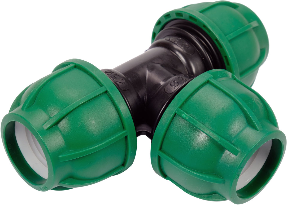 Raccordo a T per Tubi PE 32x32x32 mm – A Compressione, Polipropilene 10 BAR FLO