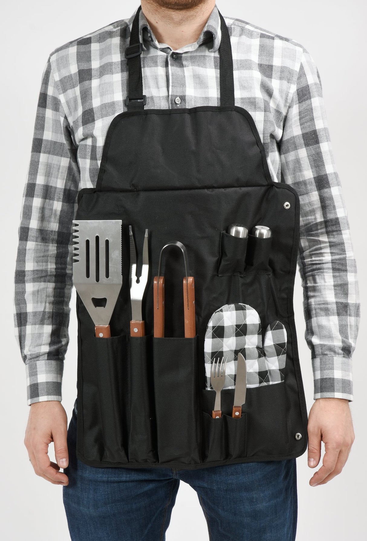 Grembiule barbecue con utensili 8 pezzi in acciaio inox set griglia