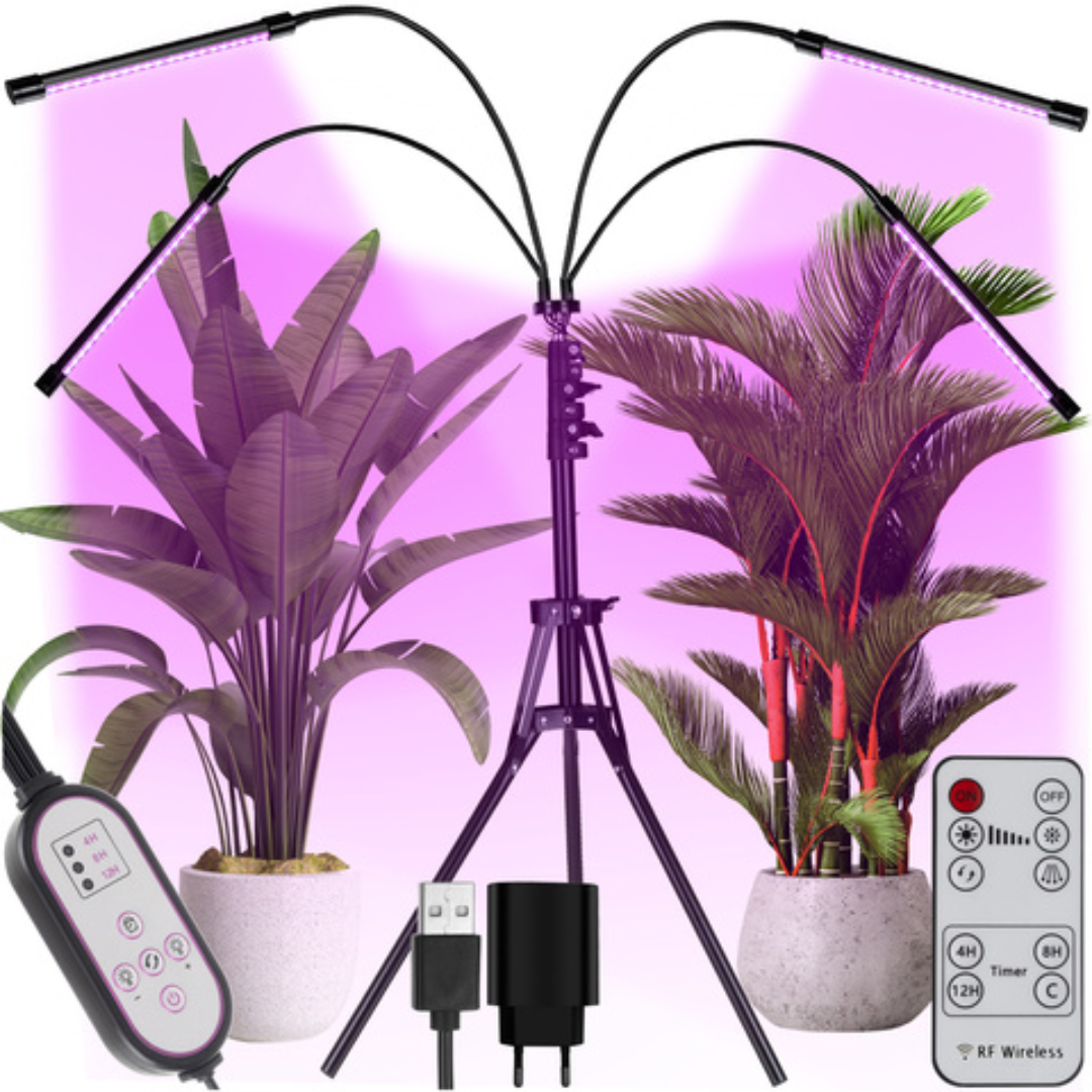 Set 4 lampade LED per la crescita delle piante Gardlov 19388 – 80 LED, timer, dimmer 10 livelli, piantana regolabile 73–153 cm, IP54