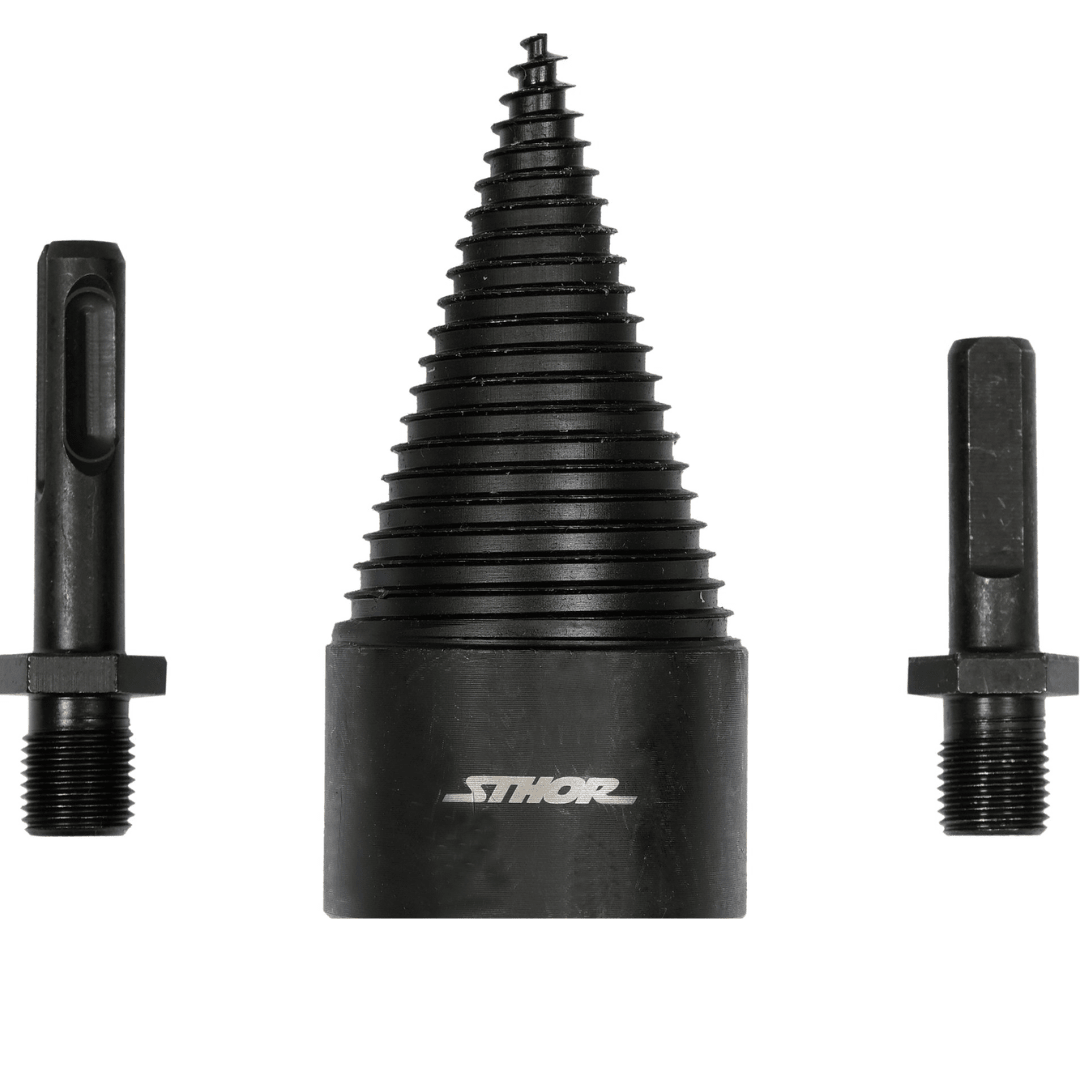 Set 3 punte spacca-legna Ø 45 mm – attacco SDS-Plus / esagonale a 3 piatti, acciaio carbonio brunito