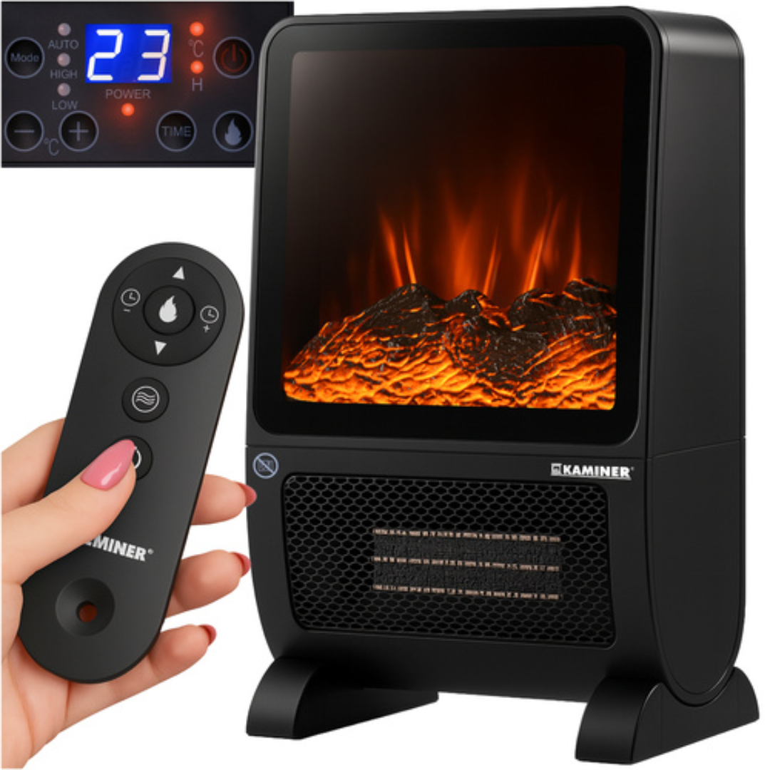 Termoventilatore con effetto fiamma 3D 2000W – PTC ceramico, telecomando, timer 24h