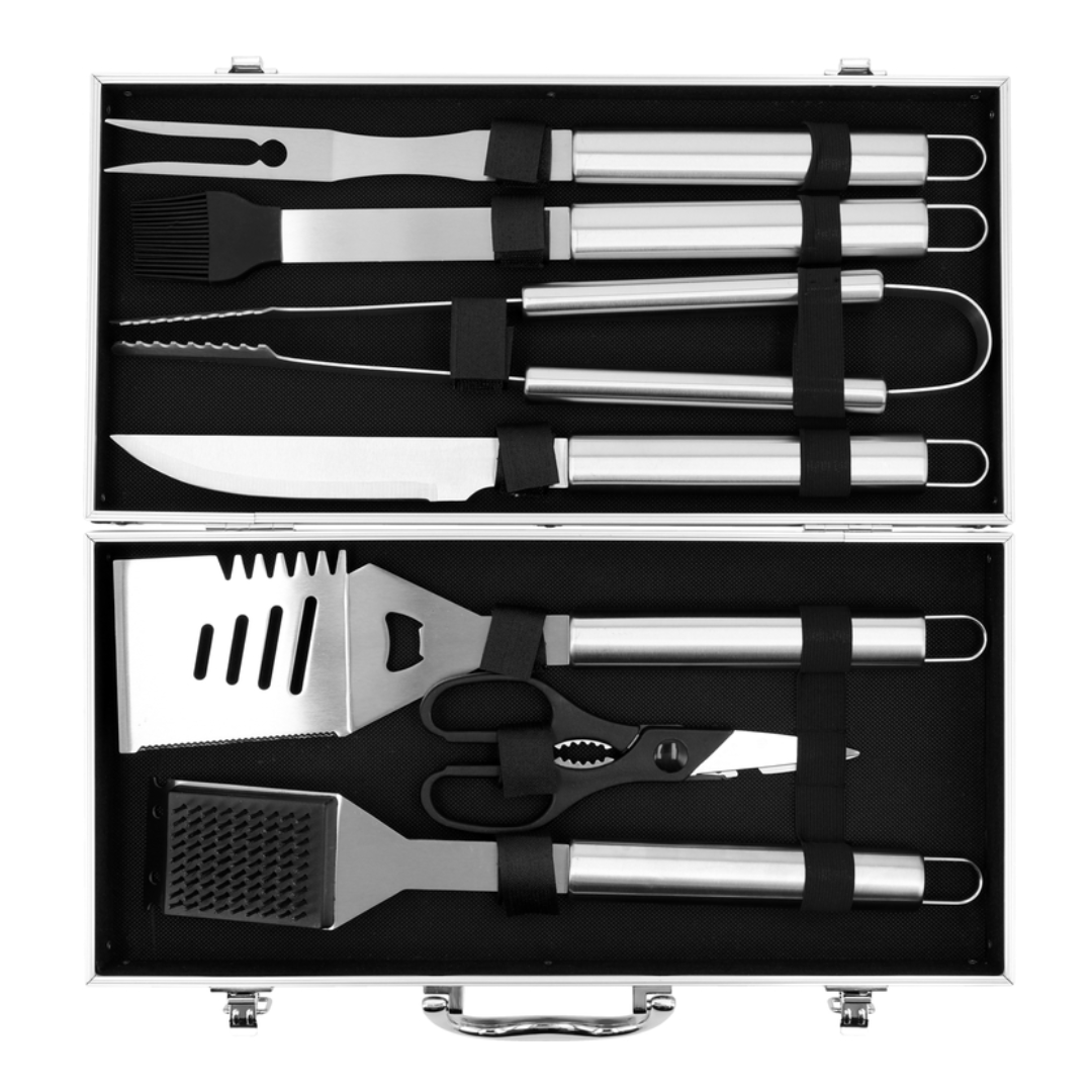 Set barbecue acciaio inox 7 utensili con valigia in alluminio