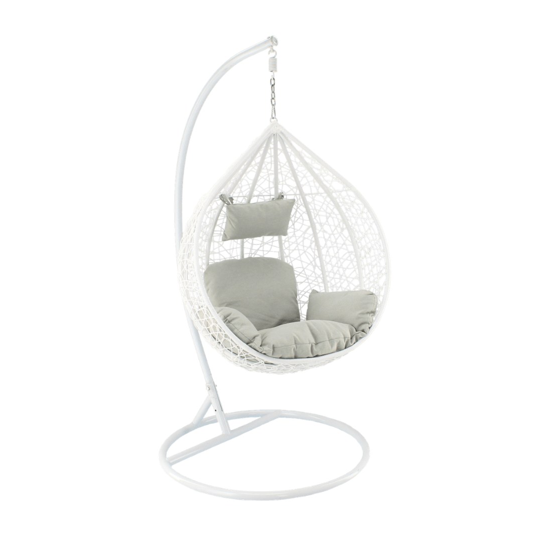Poltrona sospesa Garden Line bianca in technorattan con cuscino grigio