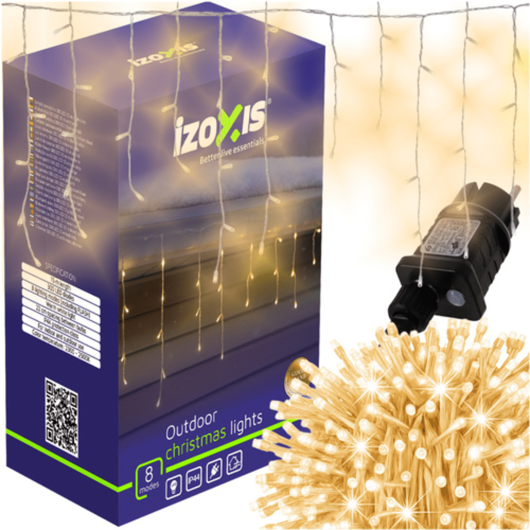 Luci di Natale IZOXIS 300 LED – 15 m, Bianco Caldo, IP44, 8 Modalità + Flash – Per Esterni e Interni