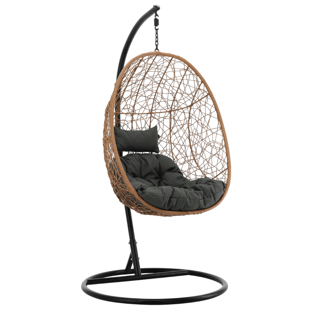 Poltrona sospesa Garden Line naturale in technorattan con cuscino grigio scuro