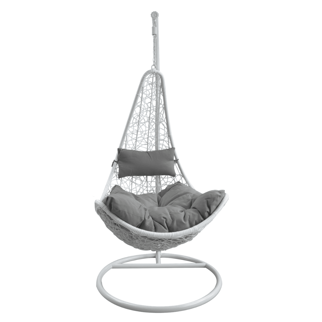 Poltrona sospesa Garden Line technorattan bianca con cuscino grigio