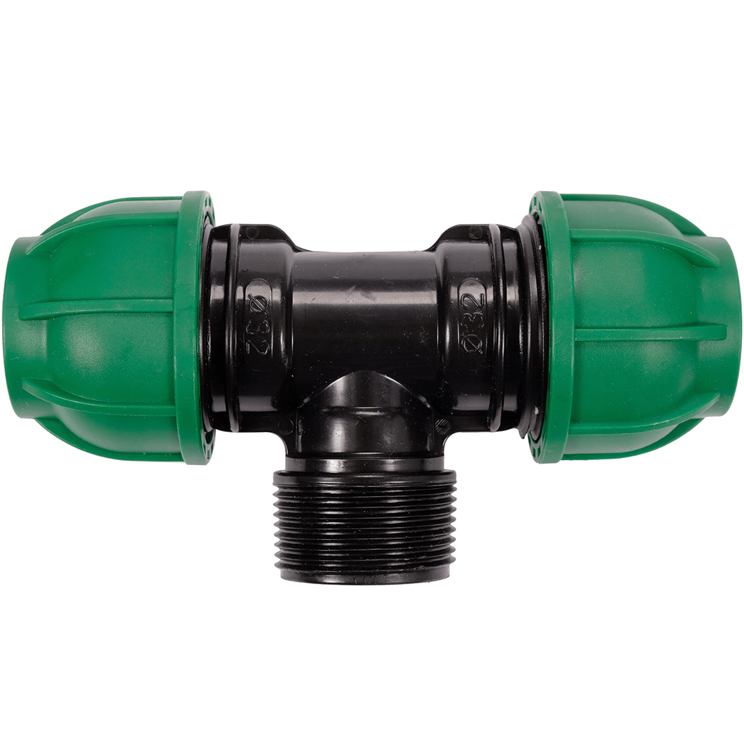 Raccordo a T per Tubi PE 32 mm x 1-1/4" x 32 mm – Filetto Maschio, Polipropilene 10 BAR FLO