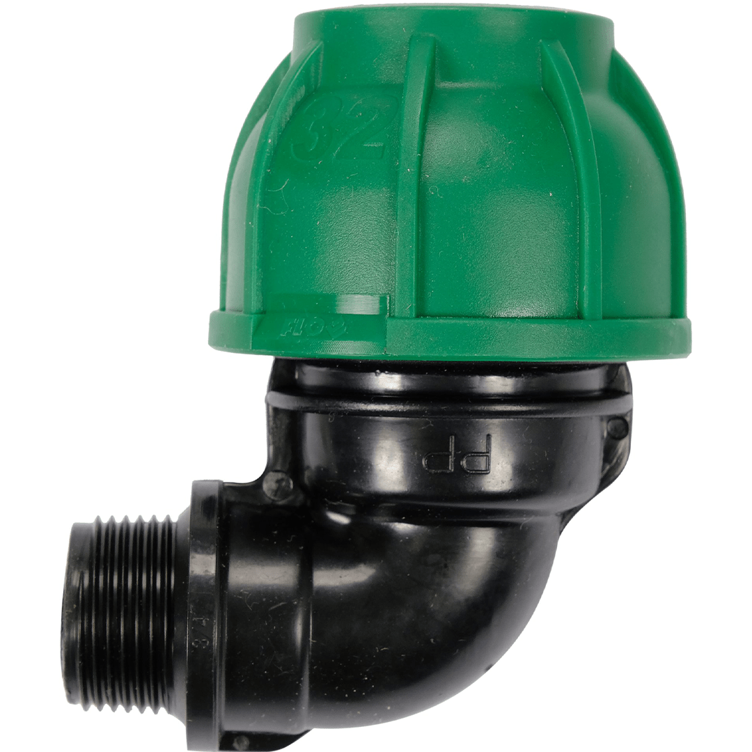 Gomito 90° per Tubi PE 32 mm x 3/4" GZ – Raccordo Maschio a Compressione, Polipropilene 10 BAR FLO