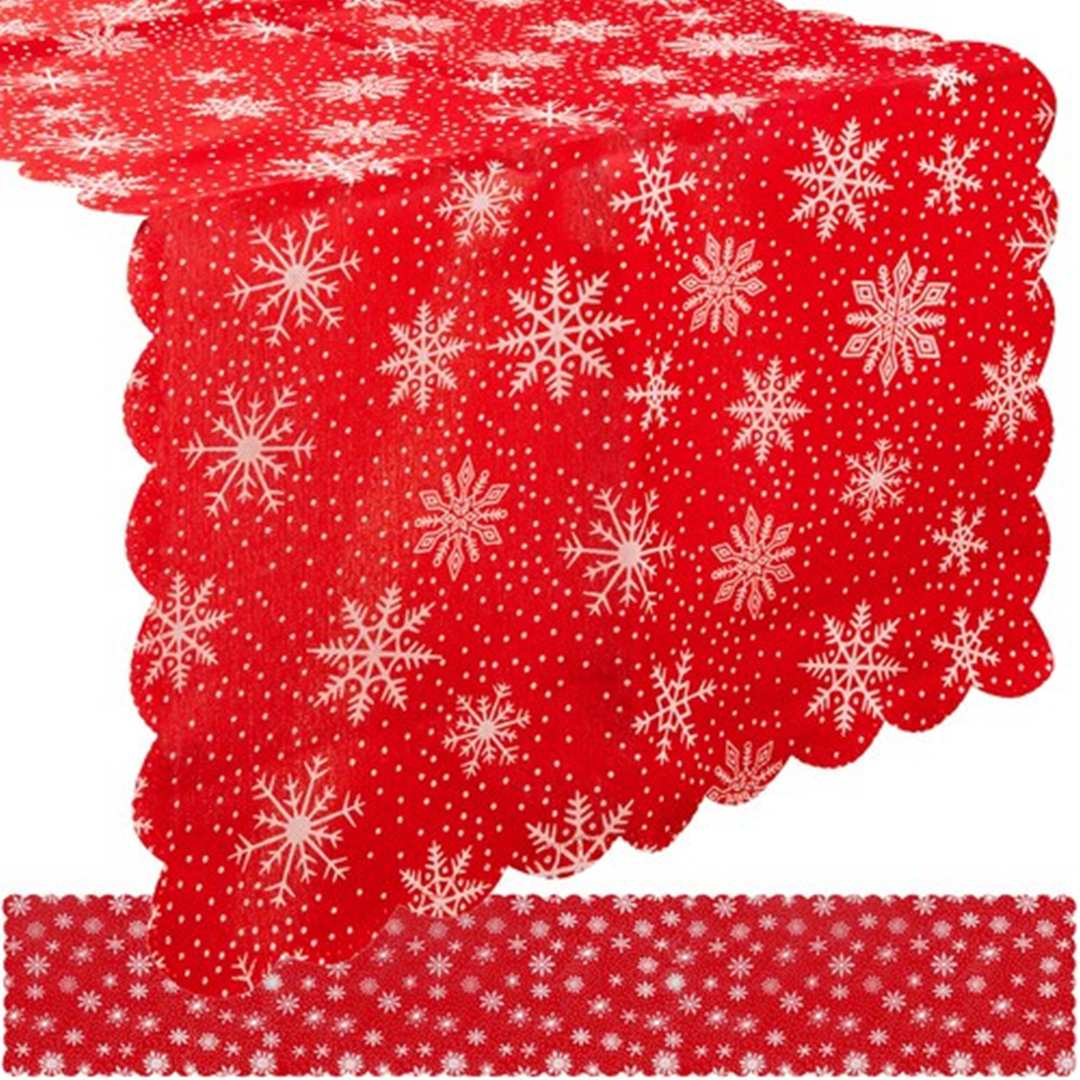 Tovaglia da Tavola Natalizio Rossa con Fiocchi di Neve Bianchi Elegante in Poliestere 220x35 cm 150x35 cm