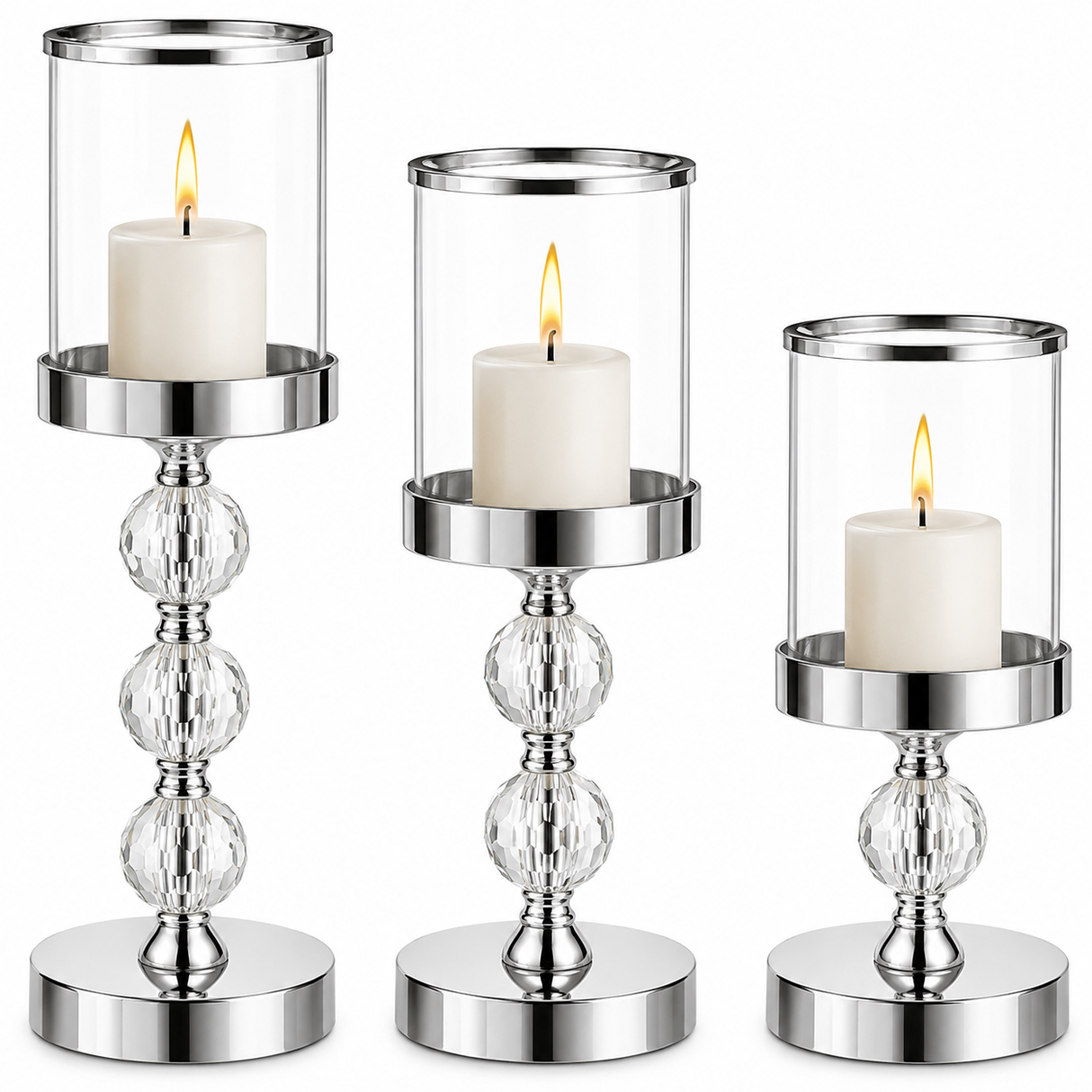 Set 3 portacandele glamour Ruhhy 22314 – altezze diverse, dettagli cristallo, effetto specchio, argento