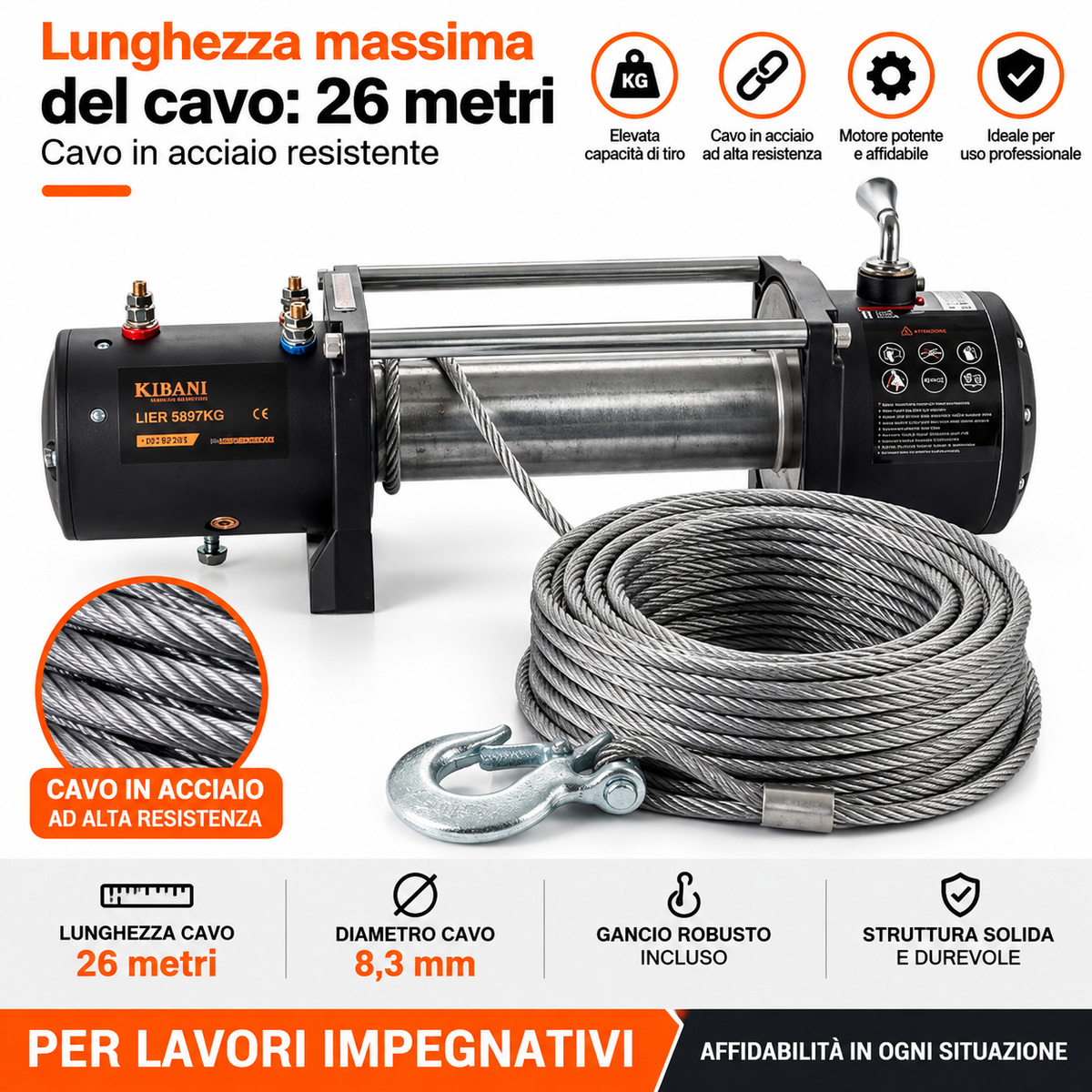 Verricello Elettrico Kibani 12V 5897kg Cavo Acciaio 26m Radiocomando 4,8kW