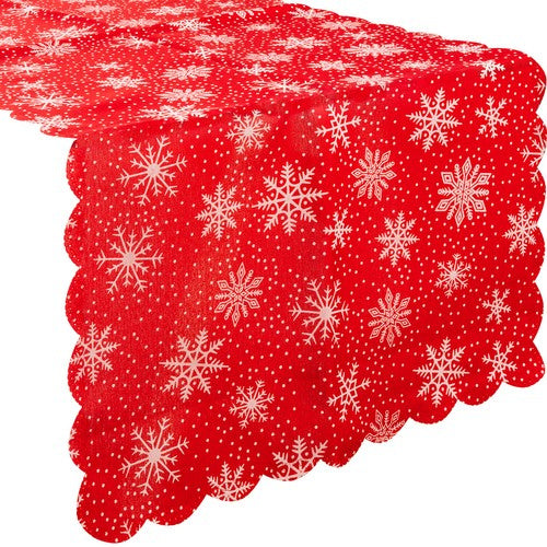Tovaglia da Tavola Natalizio Rossa con Fiocchi di Neve Bianchi Elegante in Poliestere 220x35 cm 150x35 cm