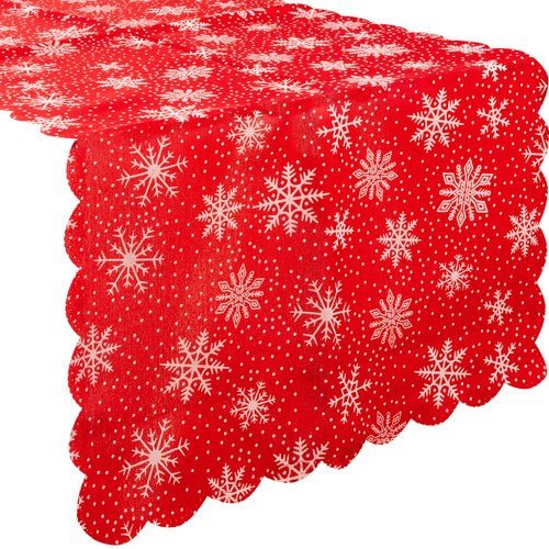 Tovaglia da Tavola Natalizio Rossa con Fiocchi di Neve Bianchi Elegante in Poliestere 220x35 cm 150x35 cm