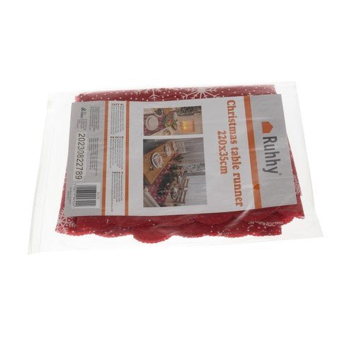 Tovaglia da Tavola Natalizio Rossa con Fiocchi di Neve Bianchi Elegante in Poliestere 220x35 cm 150x35 cm