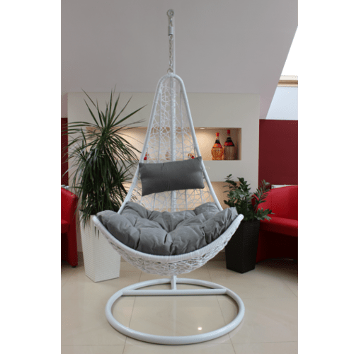 Poltrona sospesa Garden Line technorattan bianca con cuscino grigio