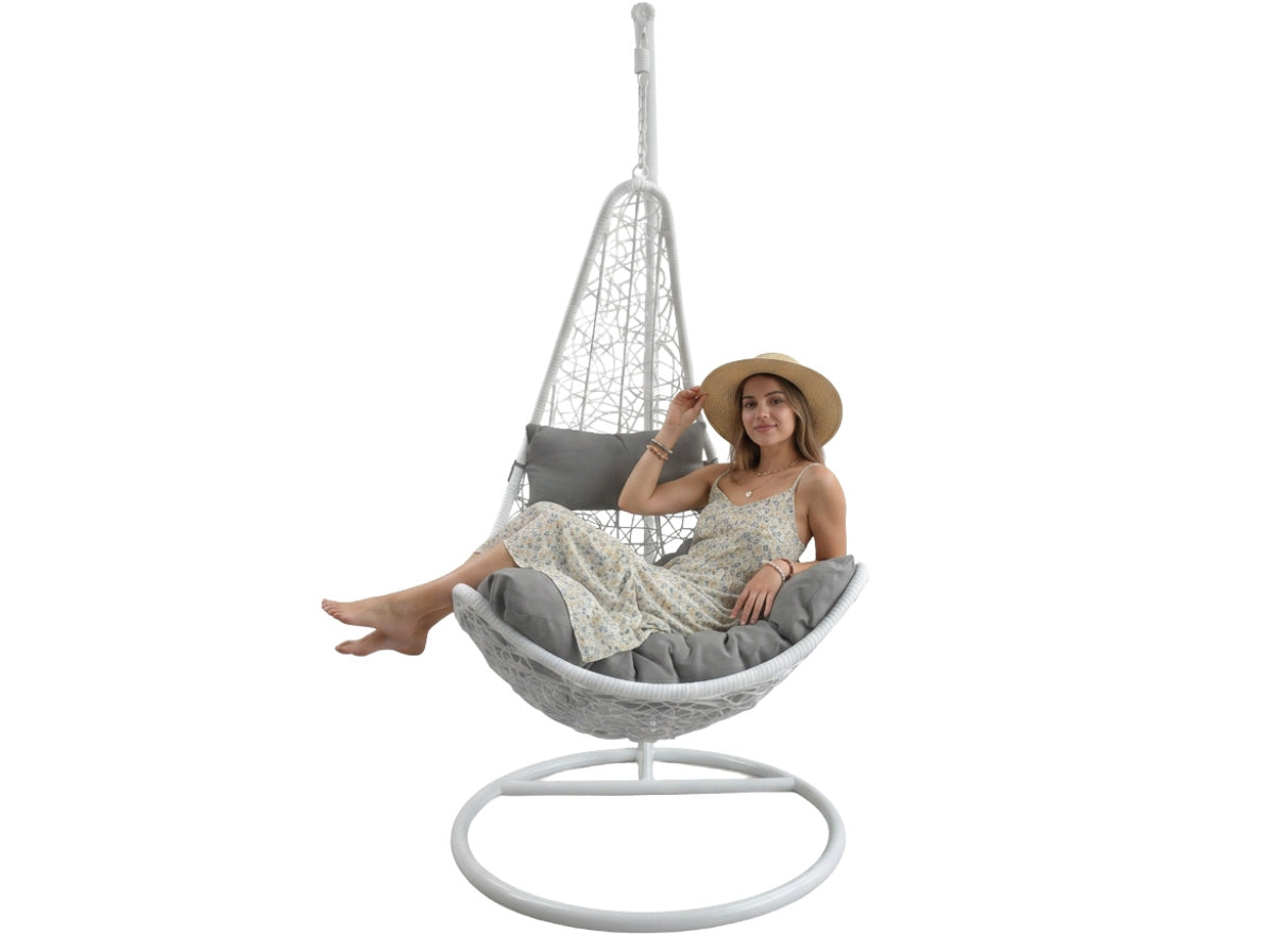 Poltrona Sospesa Garden Line Technorattan Bianca Cuscino Grigio 130kg