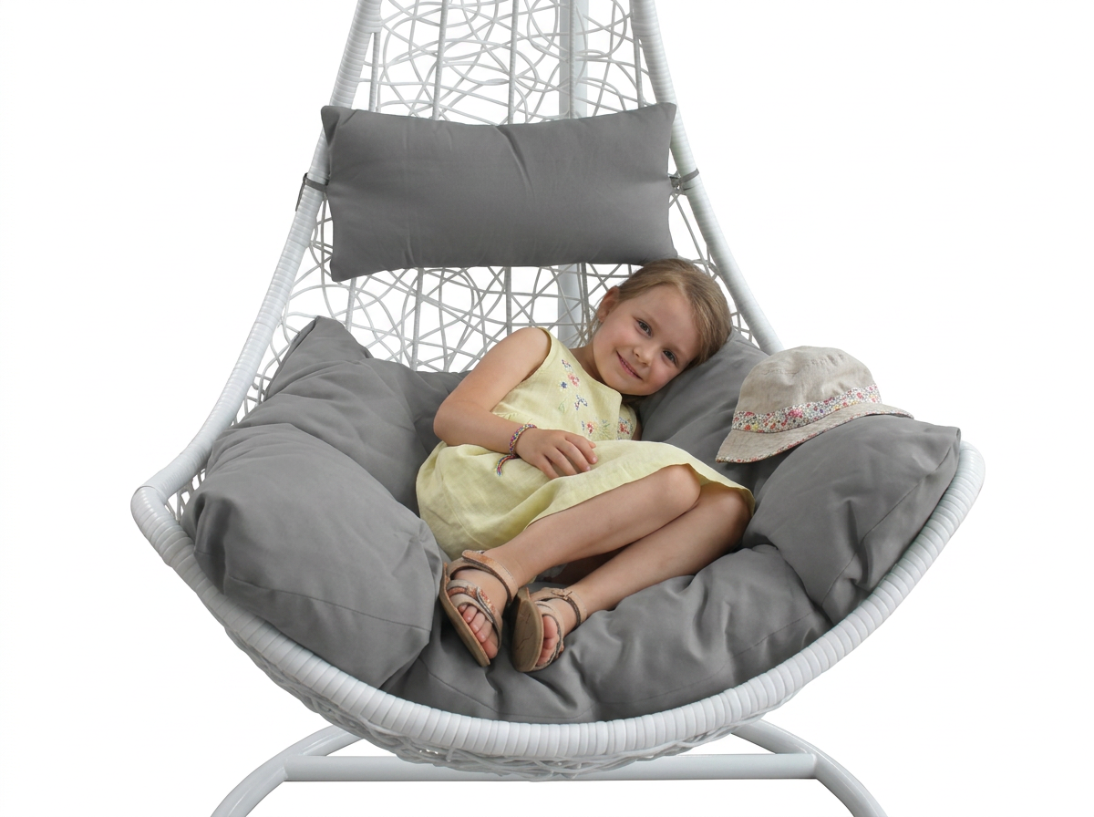 Poltrona Sospesa Garden Line Technorattan Bianca Cuscino Grigio 130kg