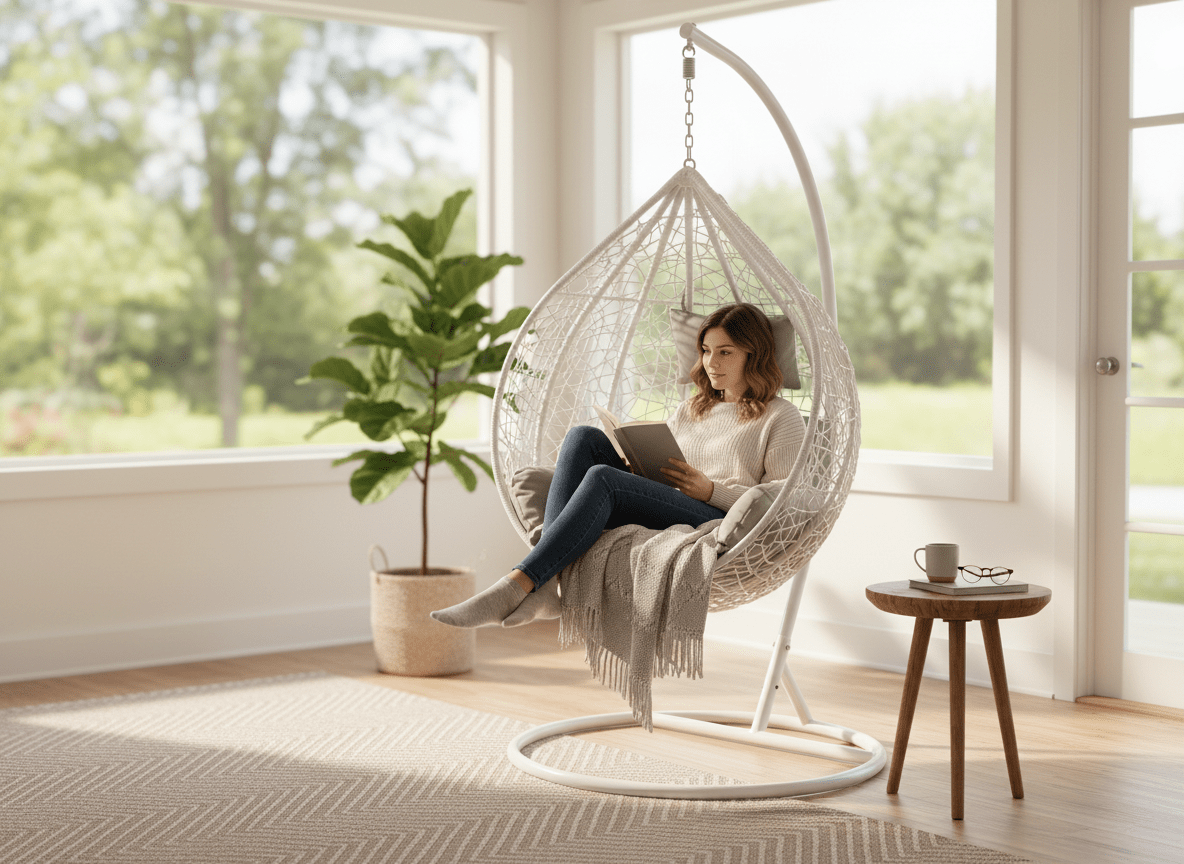 Poltrona sospesa Garden Line bianca in technorattan con cuscino grigio