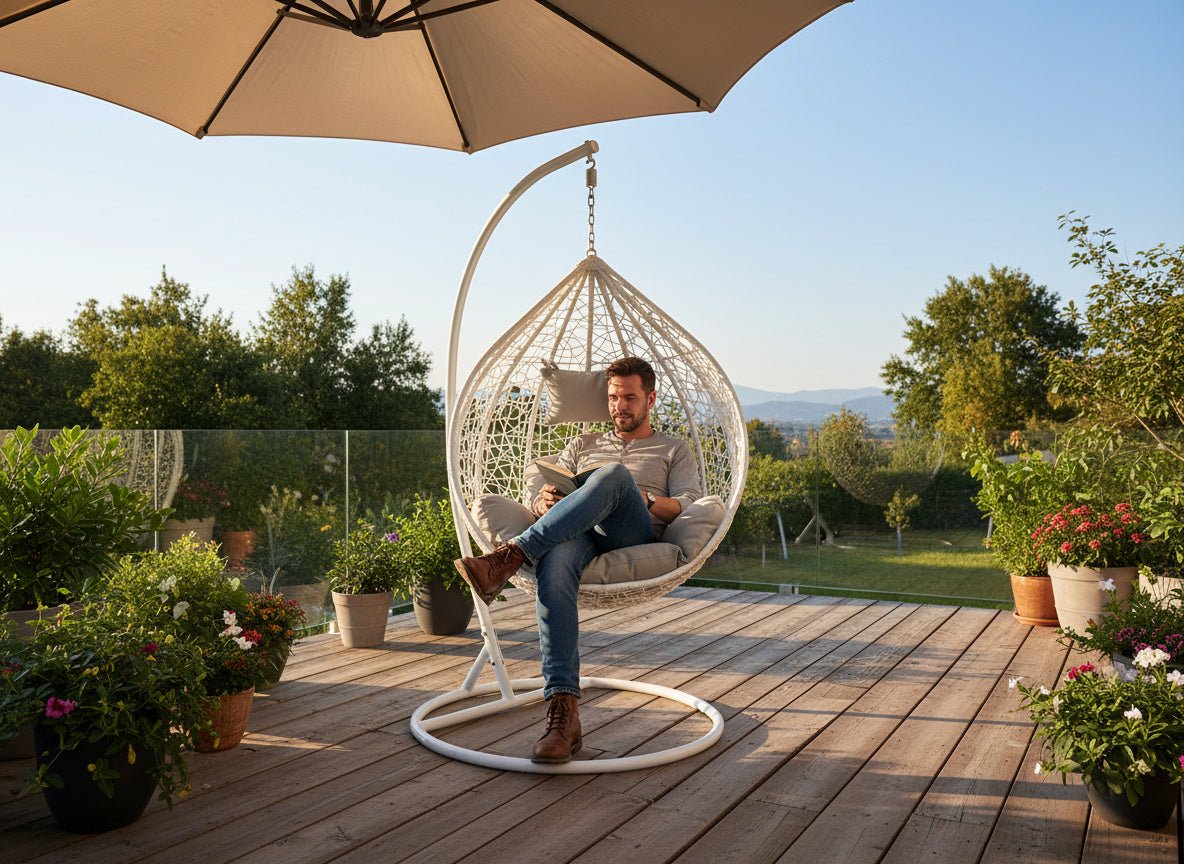 Poltrona sospesa Garden Line bianca in technorattan con cuscino grigio