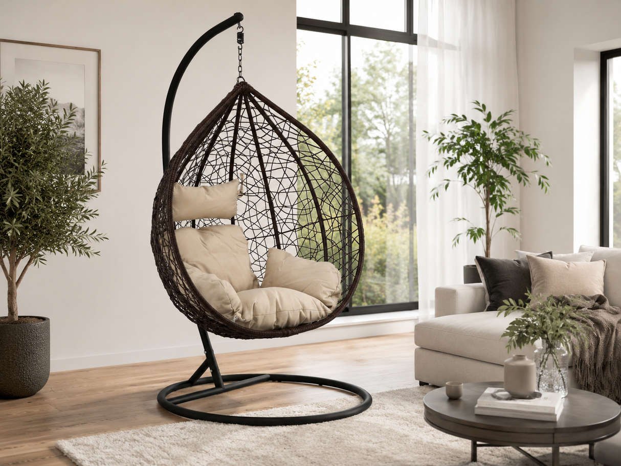 Poltrona Sospesa Garden Line Marrone Technorattan Cuscino Beige 150kg