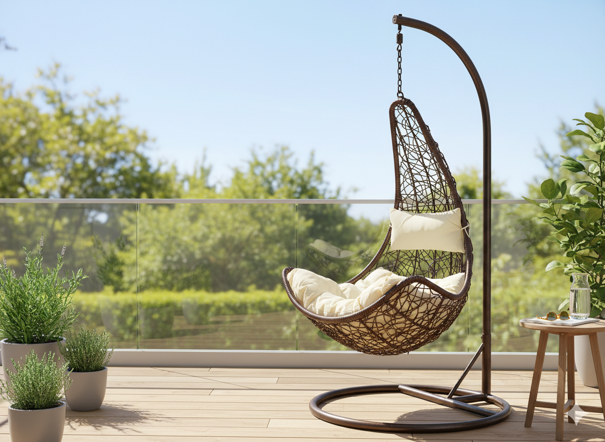Poltrona sospesa Garden Line technorattan marrone con cuscino crema