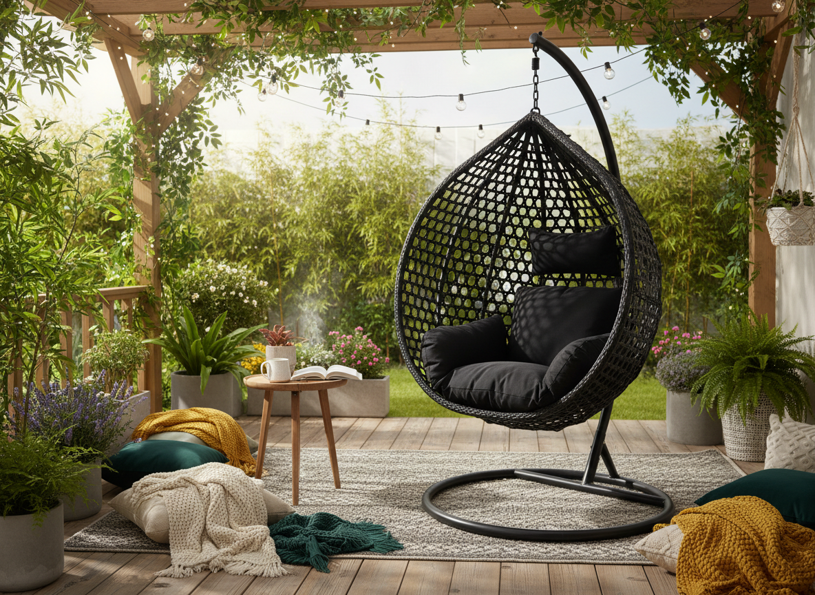 Poltrona Sospesa Garden Line Nera Technorattan Cuscino Nero Telaio 150kg
