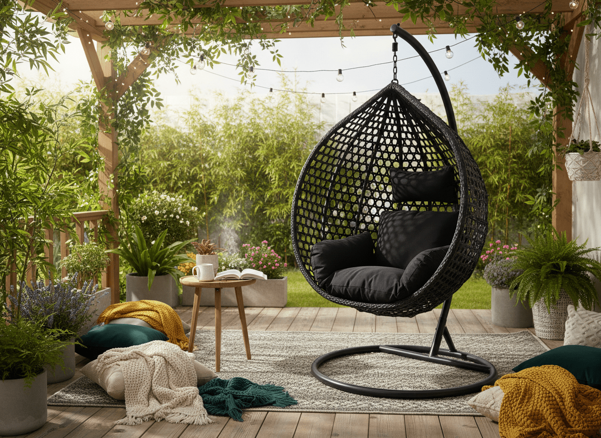Poltrona sospesa Garden Line nera in technorattan con cuscino nero