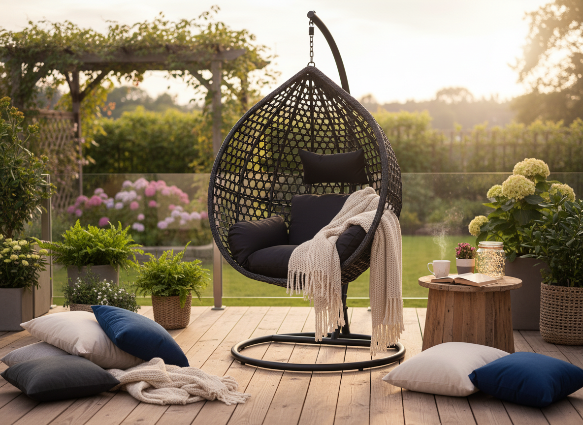 Poltrona Sospesa Garden Line Nera Technorattan Cuscino Nero Telaio 150kg