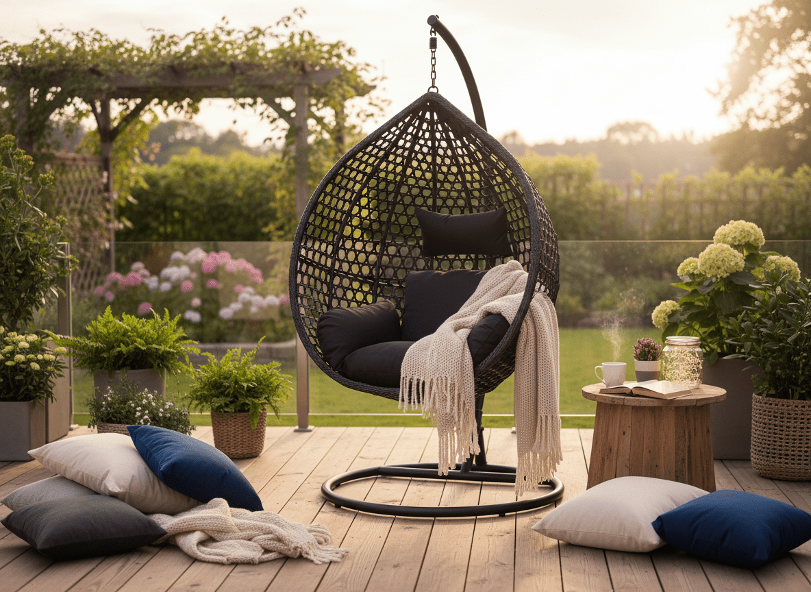 Poltrona sospesa Garden Line nera in technorattan con cuscino nero