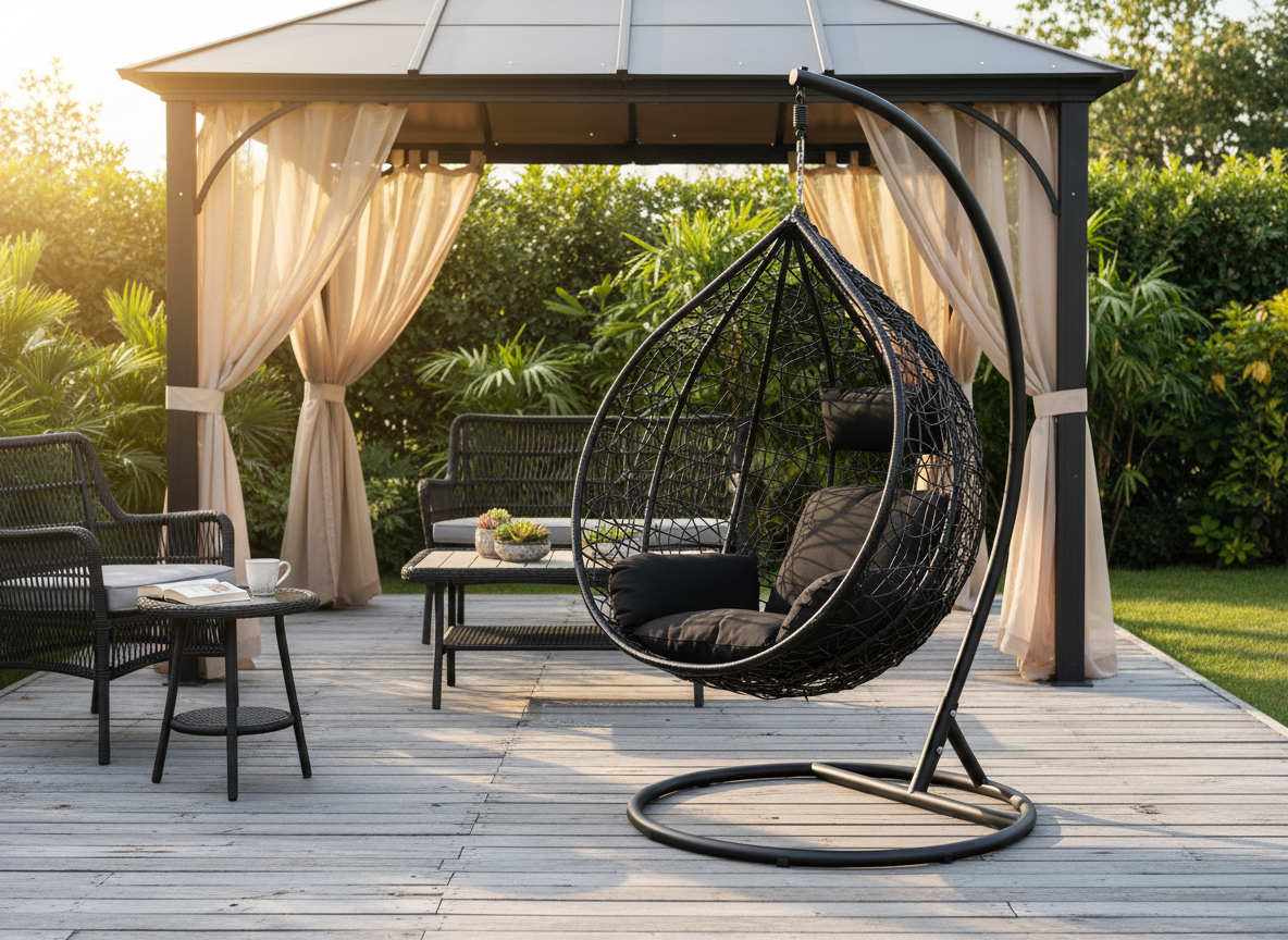 Poltrona Sospesa Garden Line Nera Technorattan Cuscino Nero Telaio 150kg