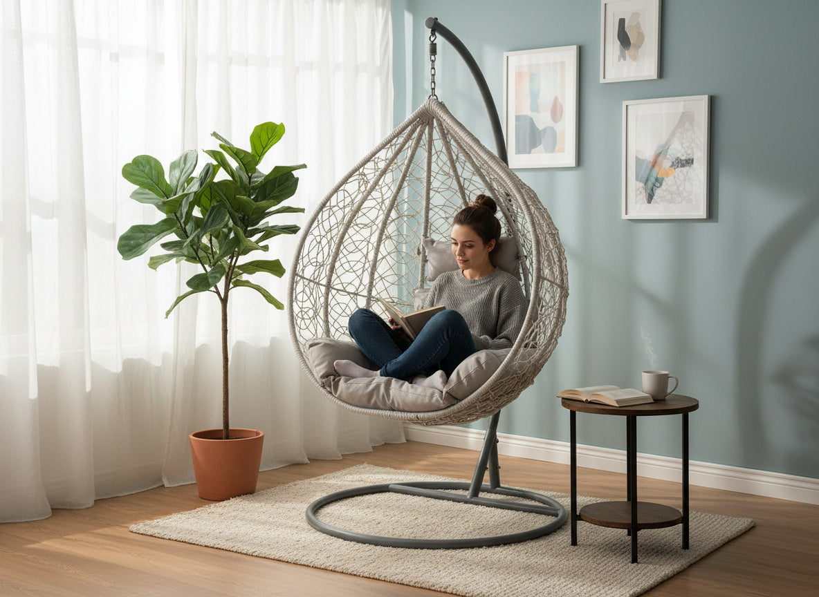 Poltrona sospesa Garden Line grigio chiaro in technorattan con cuscino grigio