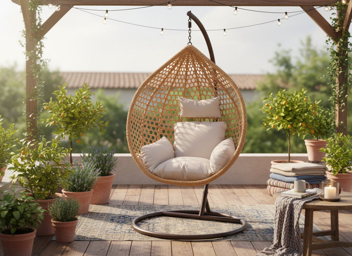 Poltrona Sospesa Garden Line Naturale Technorattan Cuscino Beige 150kg
