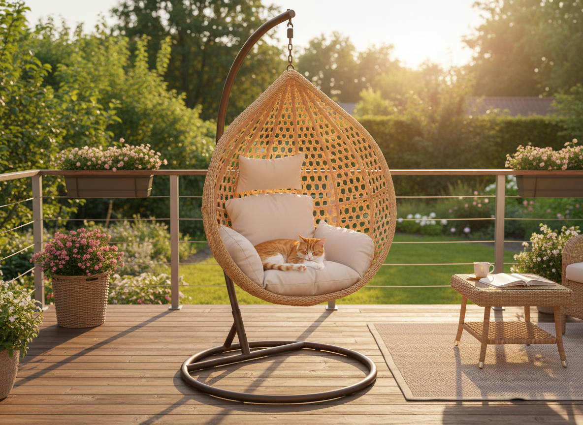 Poltrona Sospesa Garden Line Naturale Technorattan Cuscino Beige 150kg