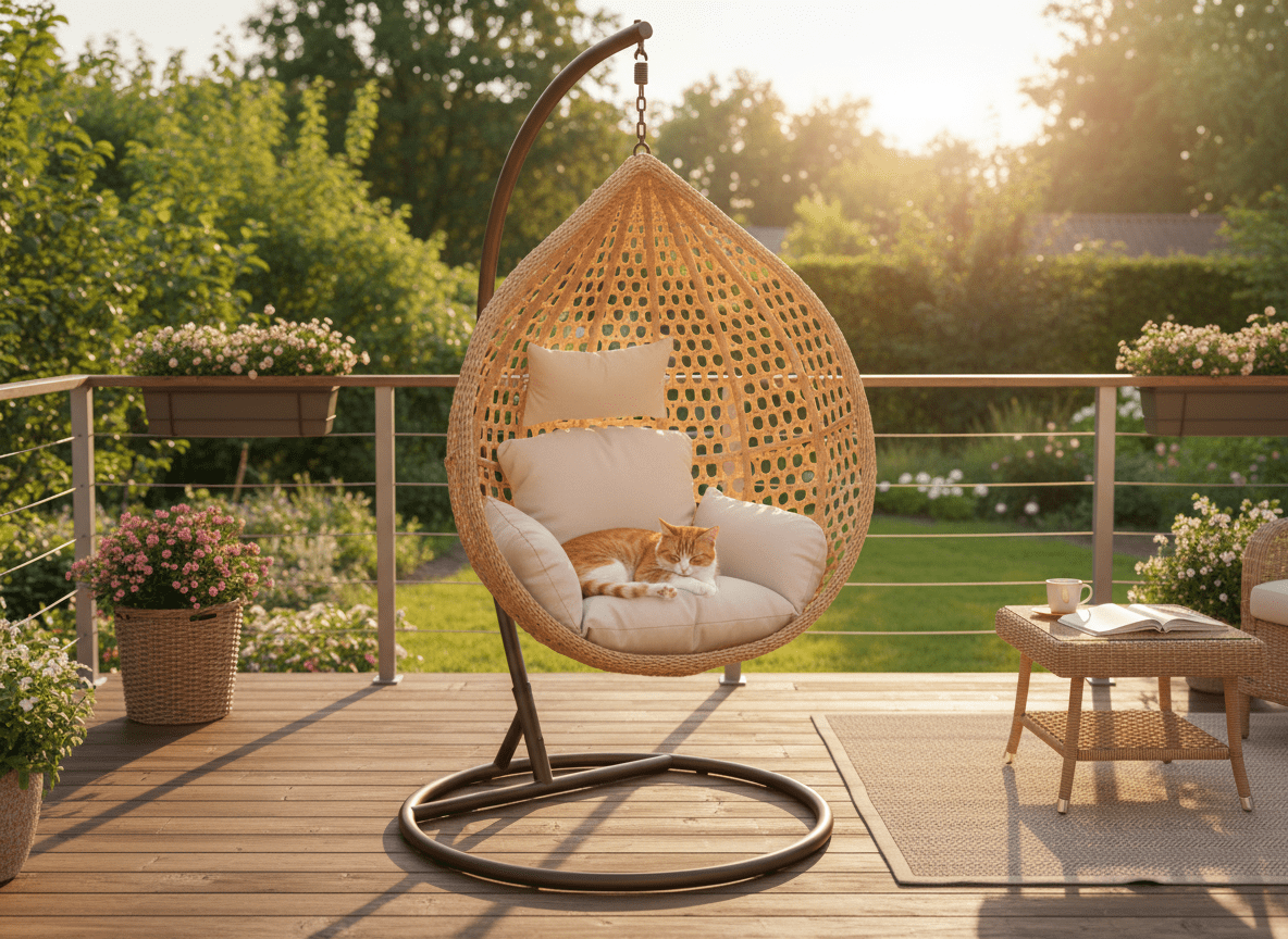 Poltrona sospesa Garden Line naturale in technorattan con cuscino beige
