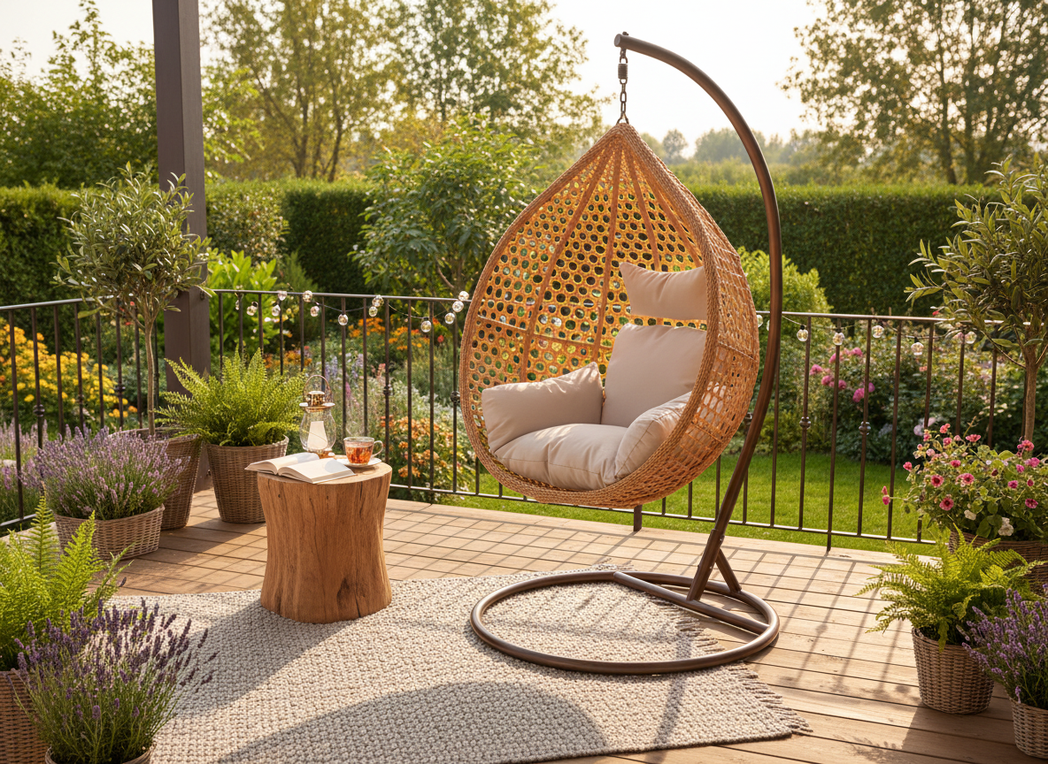 Poltrona Sospesa Garden Line Naturale Technorattan Cuscino Beige 150kg