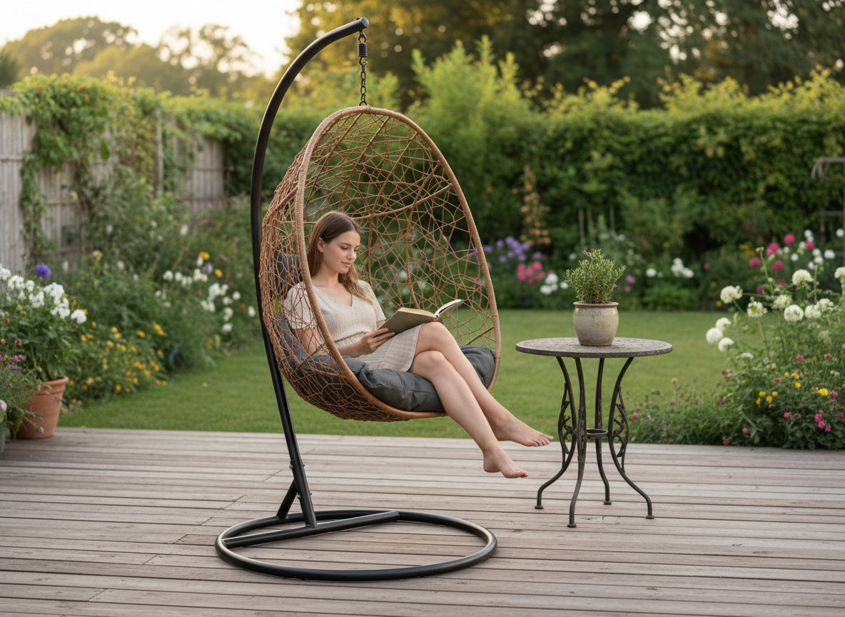Poltrona Sospesa Garden Line Naturale Technorattan Cuscino Grigio Scuro 150kg