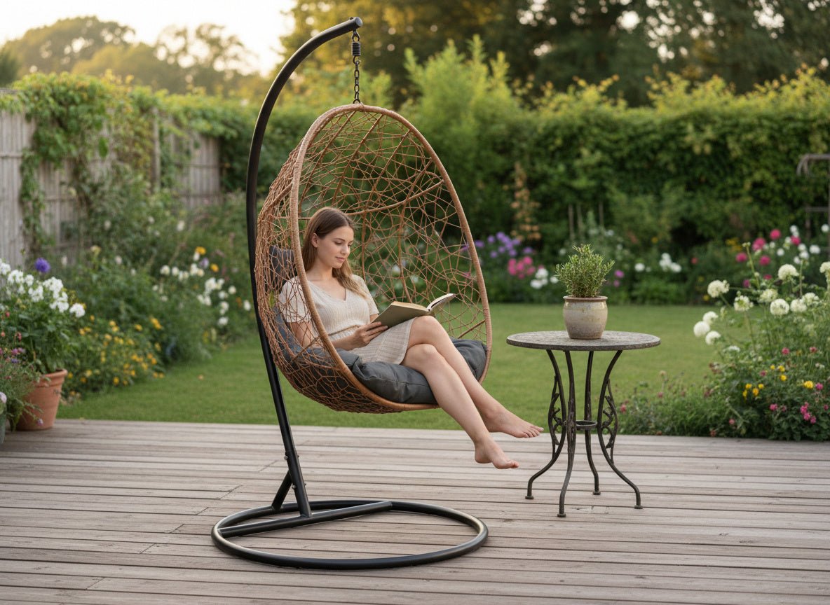 Poltrona sospesa Garden Line naturale in technorattan con cuscino grigio scuro