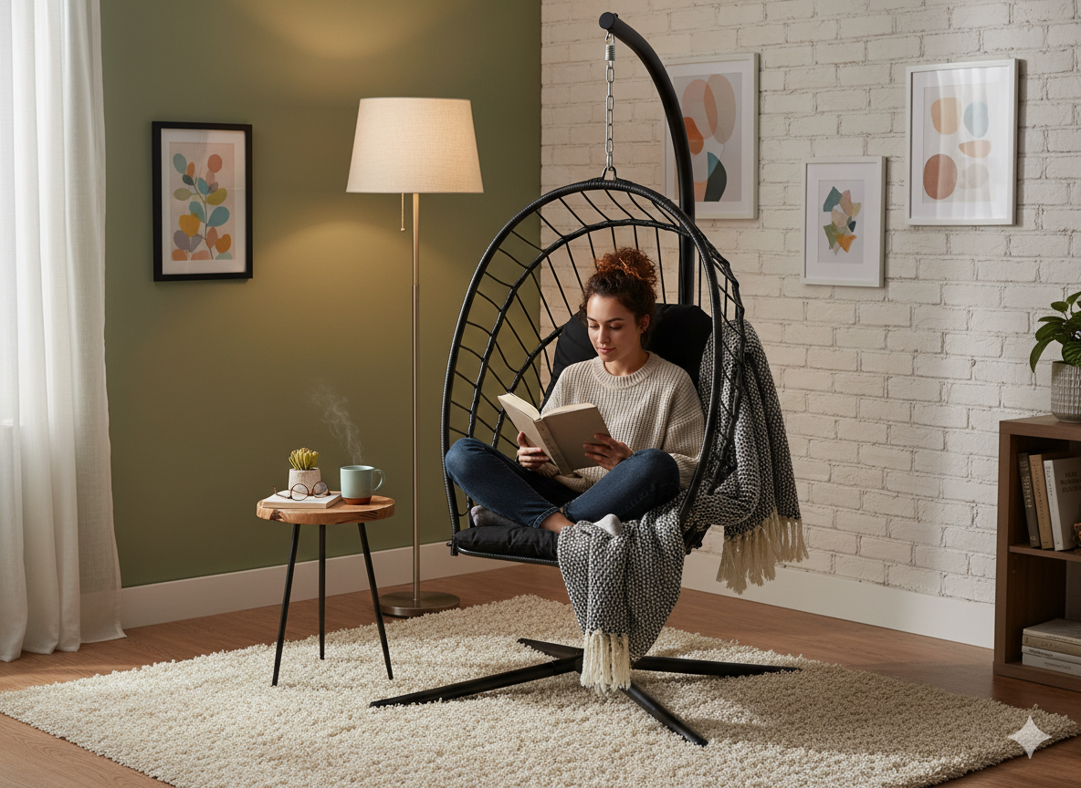 Poltrona Sospesa Pieghevole Eris Garden Line Nera Cuscino Nero 140kg