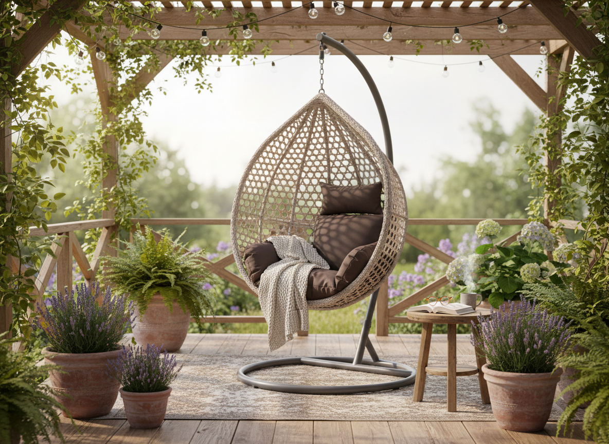 Poltrona Sospesa Garden Line Grigia Technorattan Cuscino Marrone 150kg