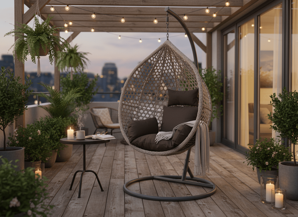 Poltrona sospesa Garden Line grigia in technorattan con telaio grigio scuro