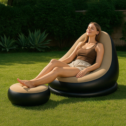 Poltrona gonfiabile da giardino con poggiapiedi – effetto velluto, max 120 kg