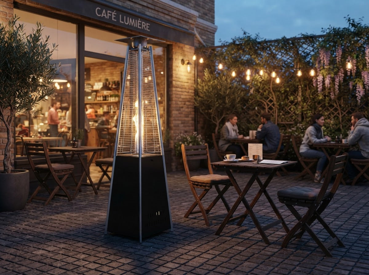 Stufa a piramide a gas nel dehors di un caffè
