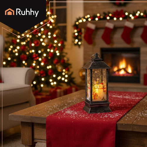 Lanterna Natalizia a LED Decorazione in Grigio, Bianco e Rosso con Luce Calda