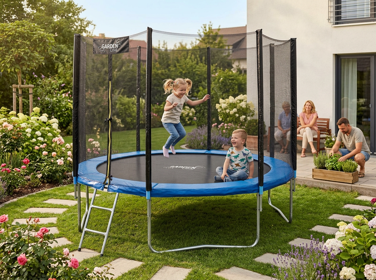 Trampolino da Giardino Garden Line 374cm Scaletta Rete Sicurezza CE GS