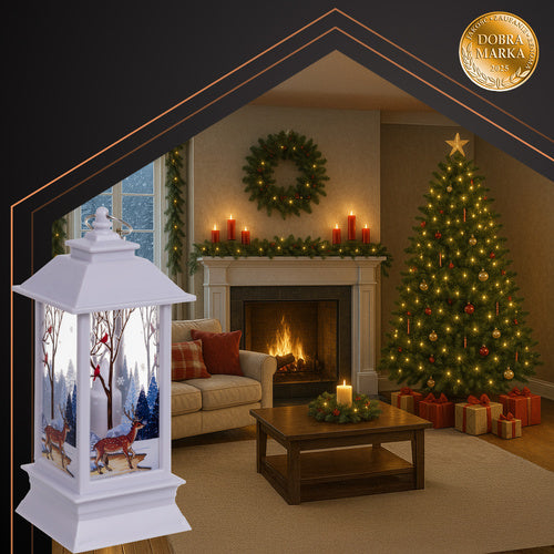 Lanterna Natalizia a LED Decorazione in Grigio, Bianco e Rosso con Luce Calda