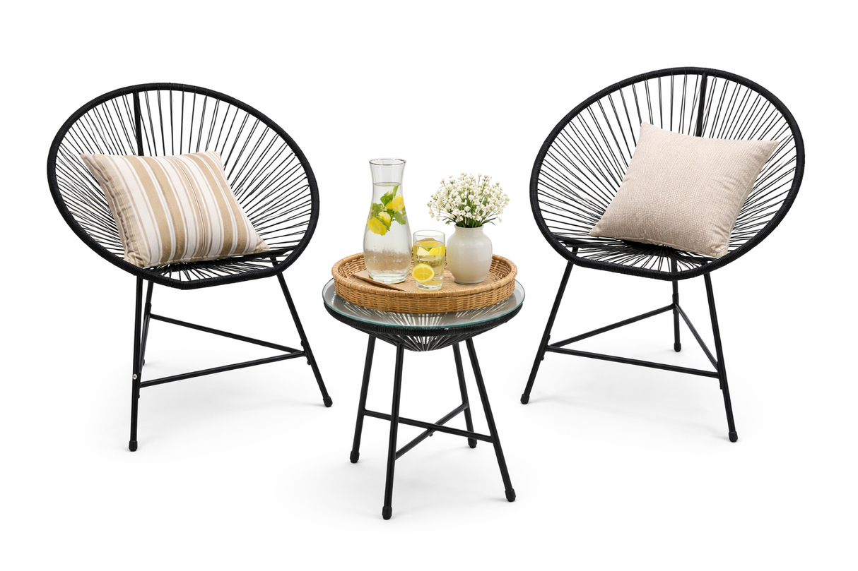 Set Mobili da Giardino Garden Line 2 Sedie Tavolino Nero Rattan Vetro 5mm