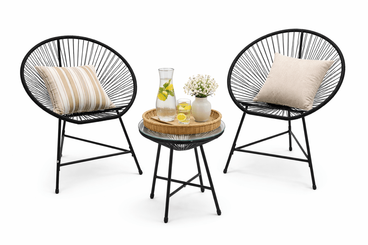 Set mobili da giardino Garden Line nero con 2 sedie e tavolino in vetro