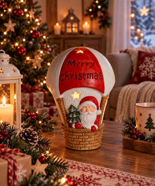 Babbo Natale in Mongolfiera Merry Christmas con LED 23 x 23 x 35 cm